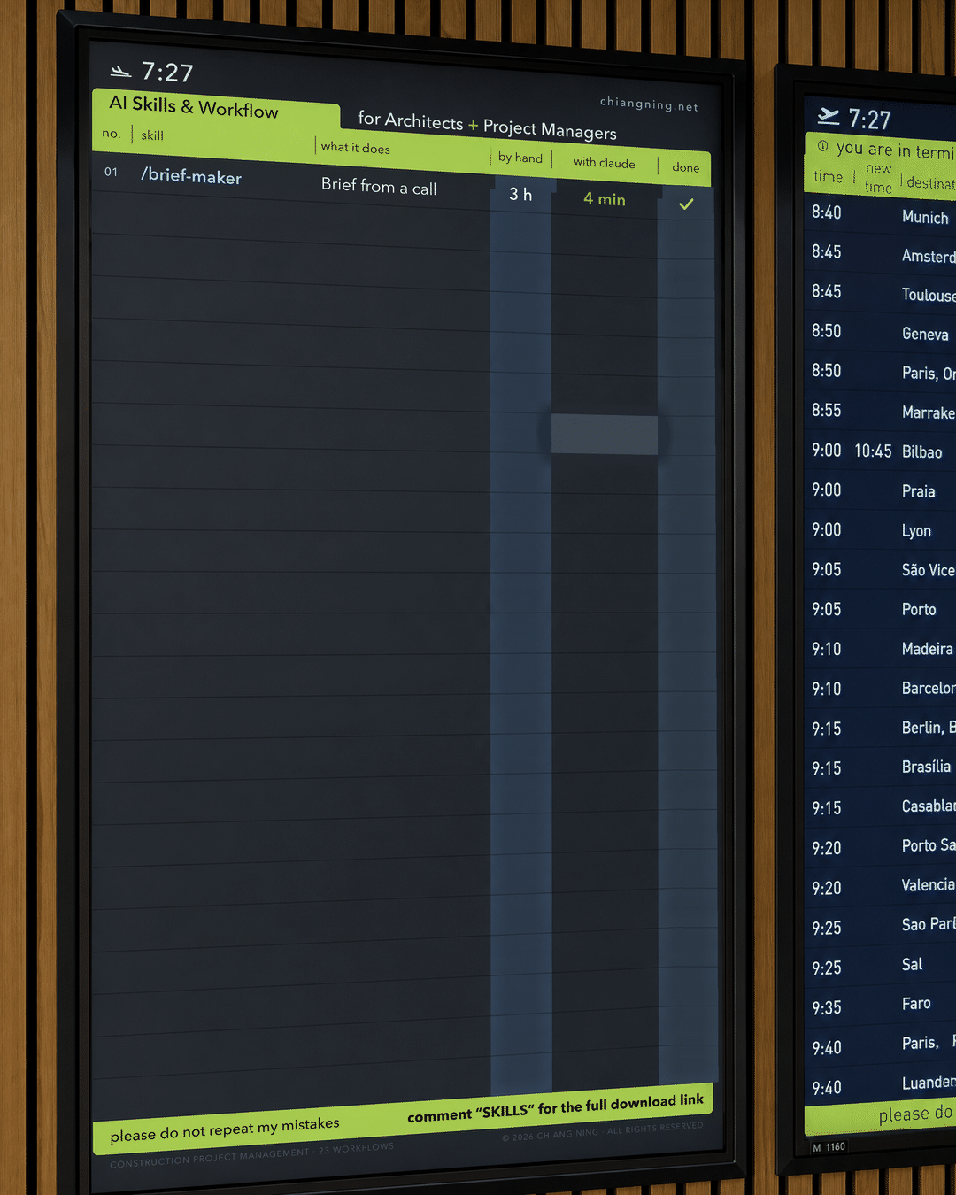 A departures board on a timber wall, filling in row by row with 23 project management workflows