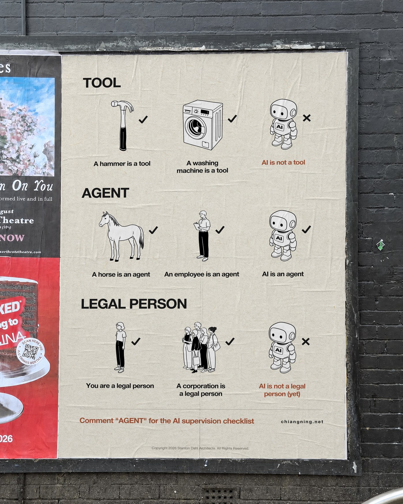 The poster pasted up on a street billboard: nine hand-inked figures in a three by three grid testing whether AI is a tool, an agent, or a legal person