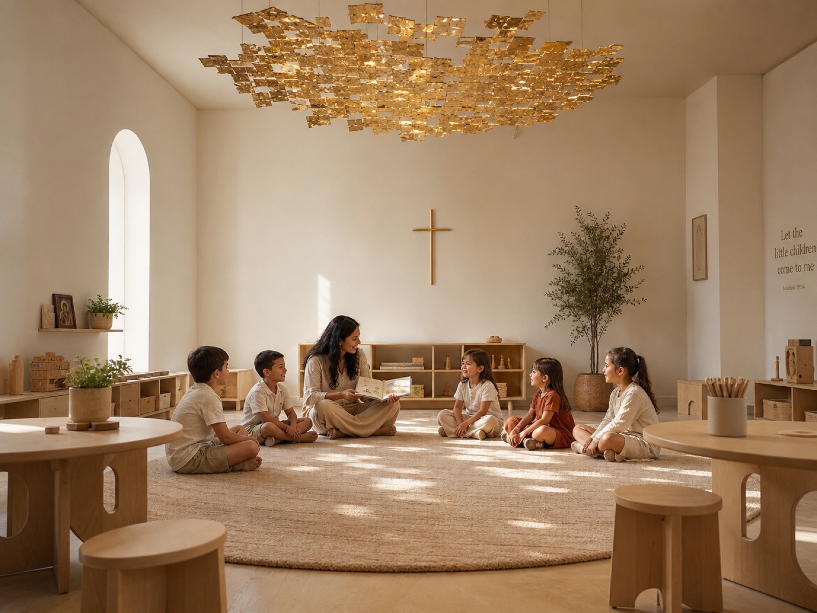 A serene, light-filled community room with a teacher reading to children