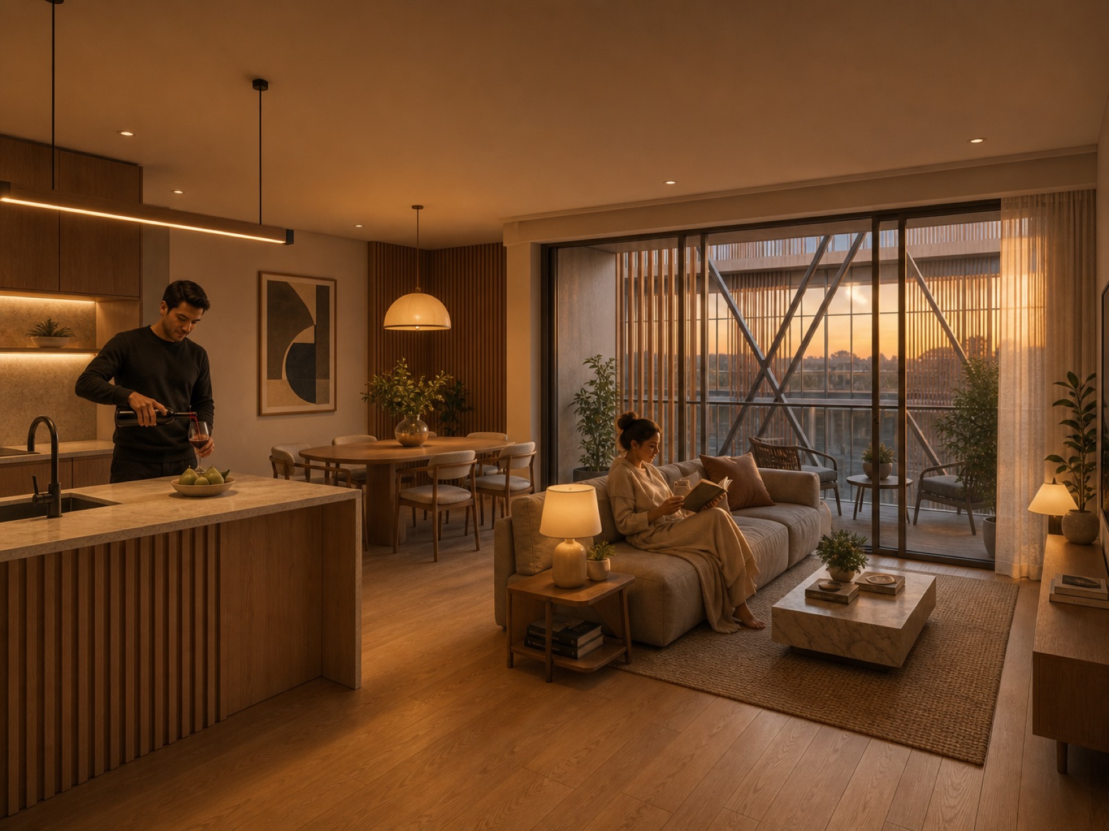Warm, photoreal interior render at golden hour