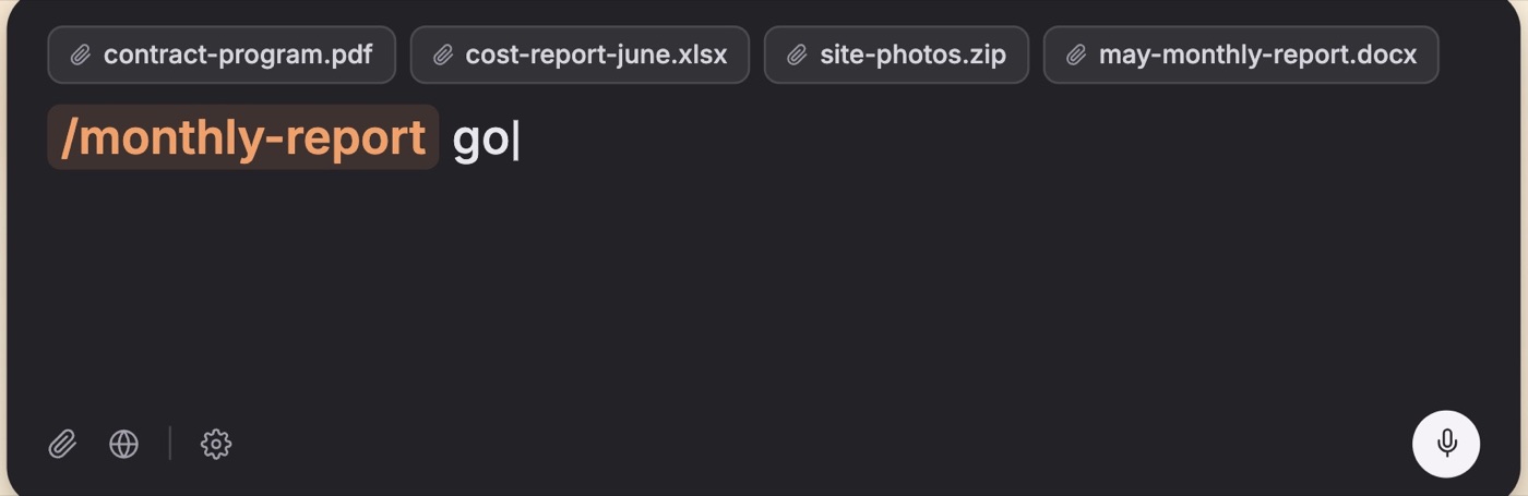 The same chat box with the same four files attached, holding only the command slash monthly-report go