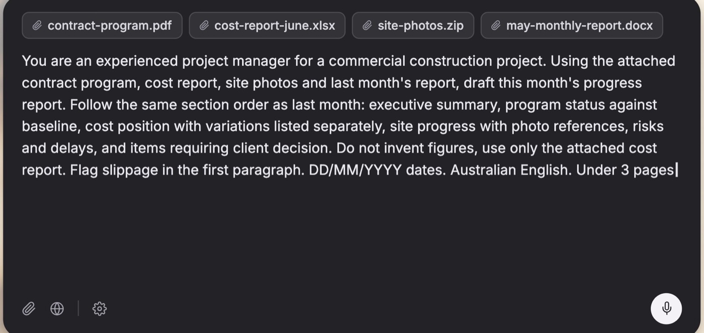 A chat box holding a long, fully written-out instruction with four files attached