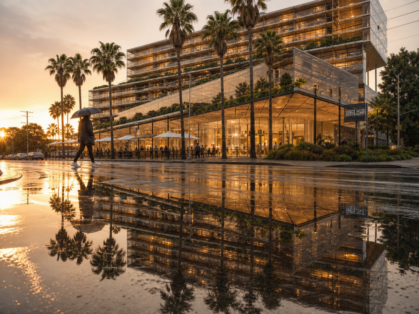 Street corner pavilion at golden hour after rain