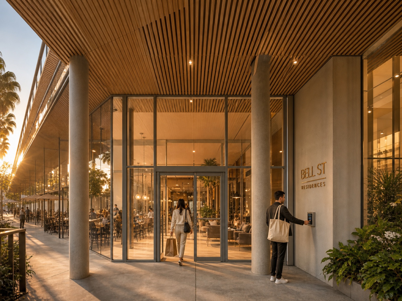 Entrance colonnade close-up at golden hour