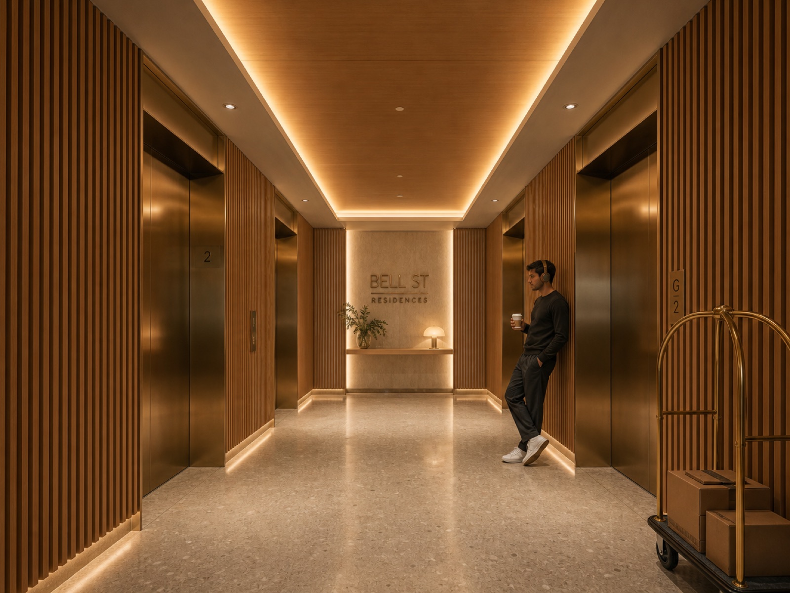 Warm timber lift lobby interior