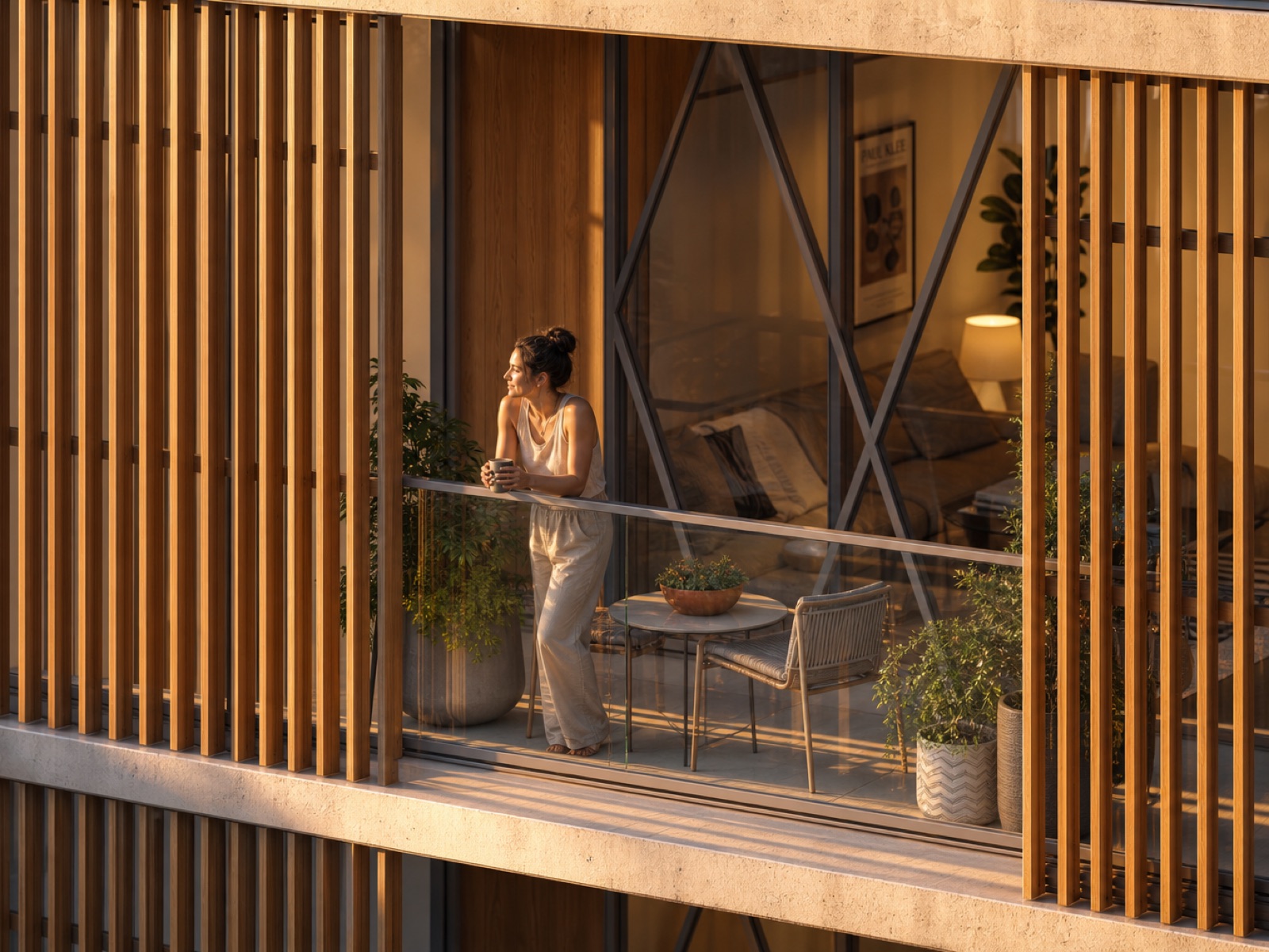 Balcony detail at dusk through timber screens
