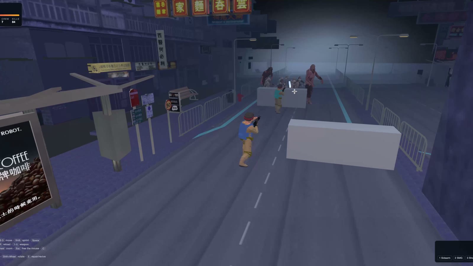 A barricade across the street with zombies pushing up against it and the squad firing