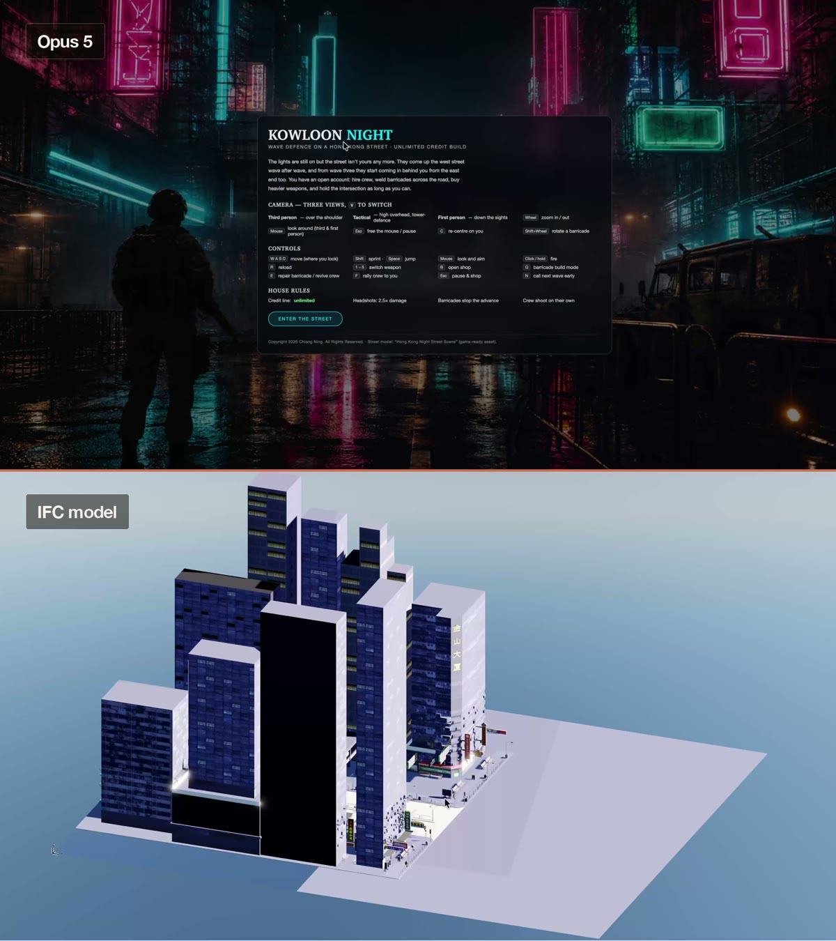 Top: the game's launch page in neon. Bottom: the same street as an untextured CAD model on a white ground plane