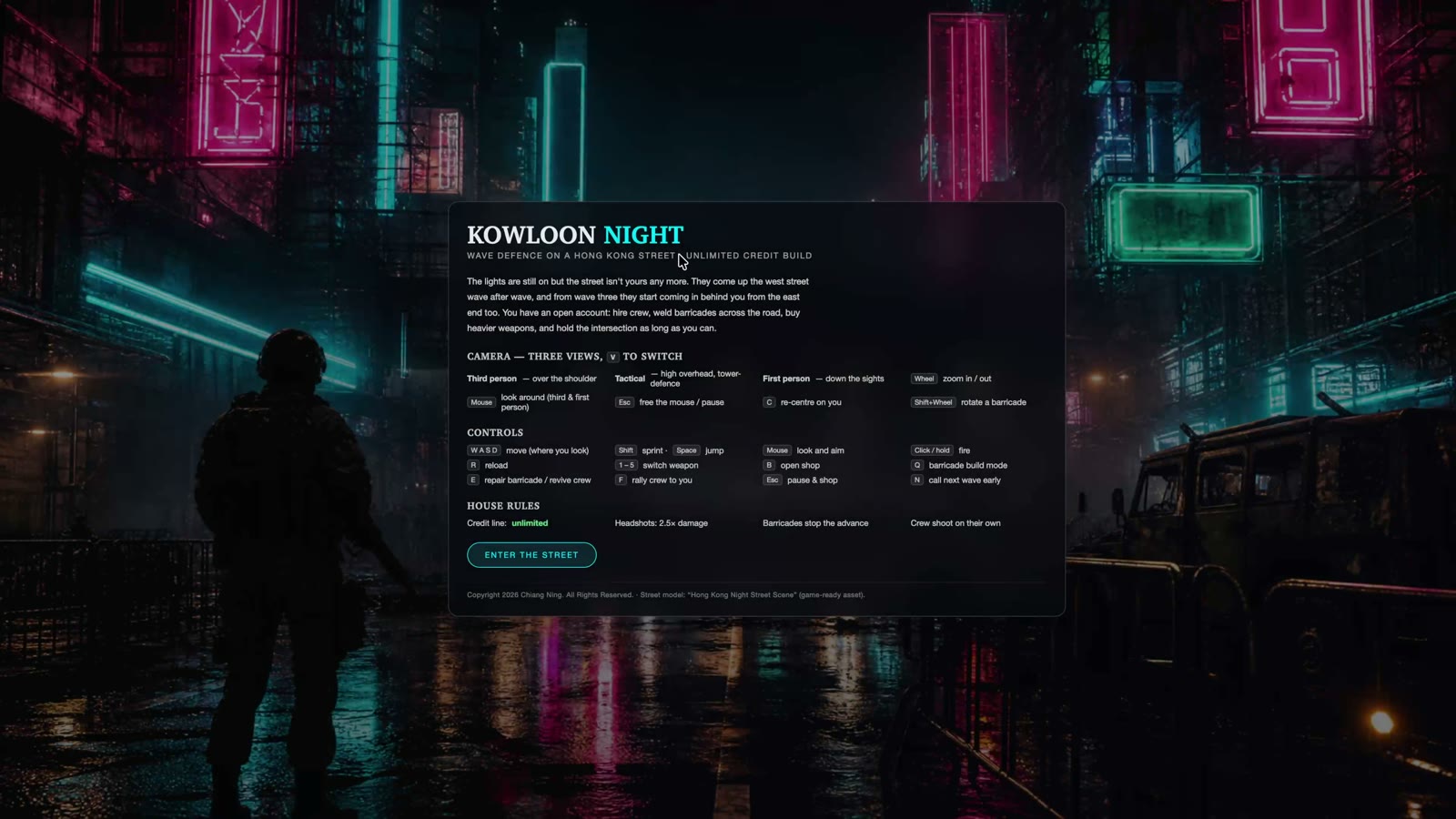 The game's launch page: neon street artwork, a briefing panel of controls, and an Enter The Street button