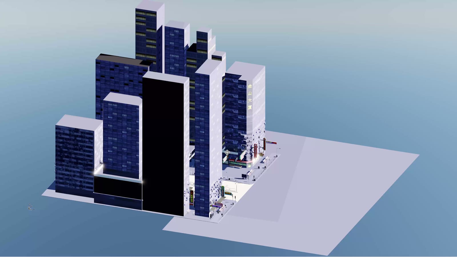 The street model as untextured white massing on a floating ground plane
