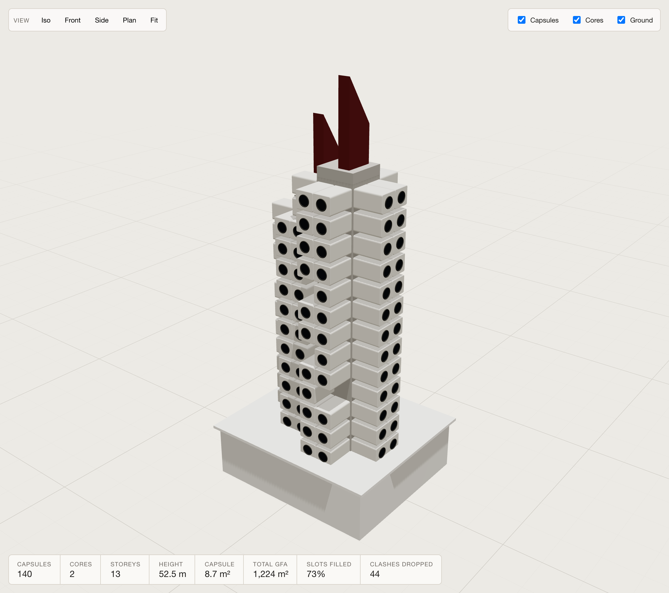 The original Nakagin tower rebuilt in the tool: 2 staggered cores, 140 capsules, 52.5 m