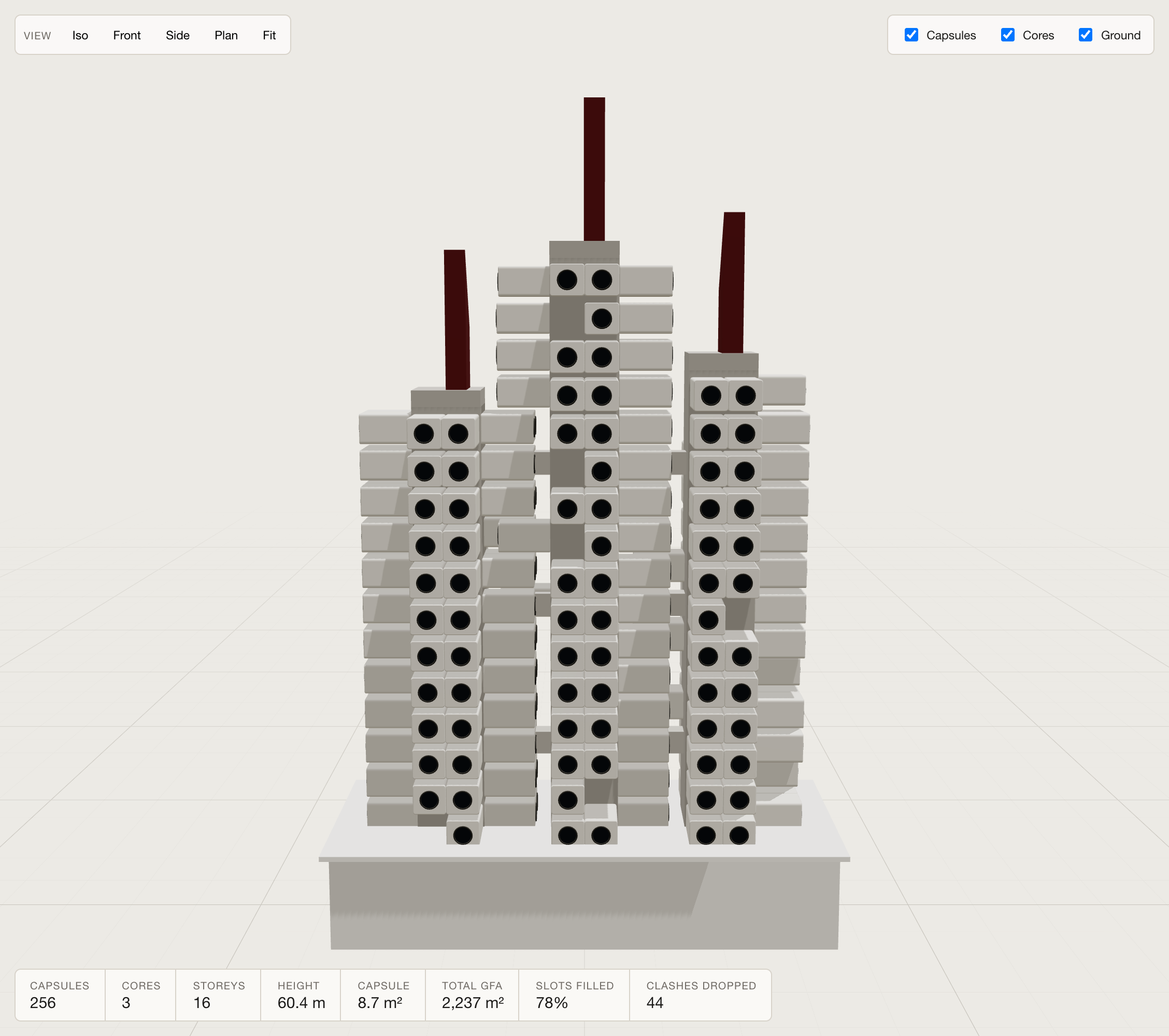 Three linked capsule towers, 256 capsules over 16 storeys