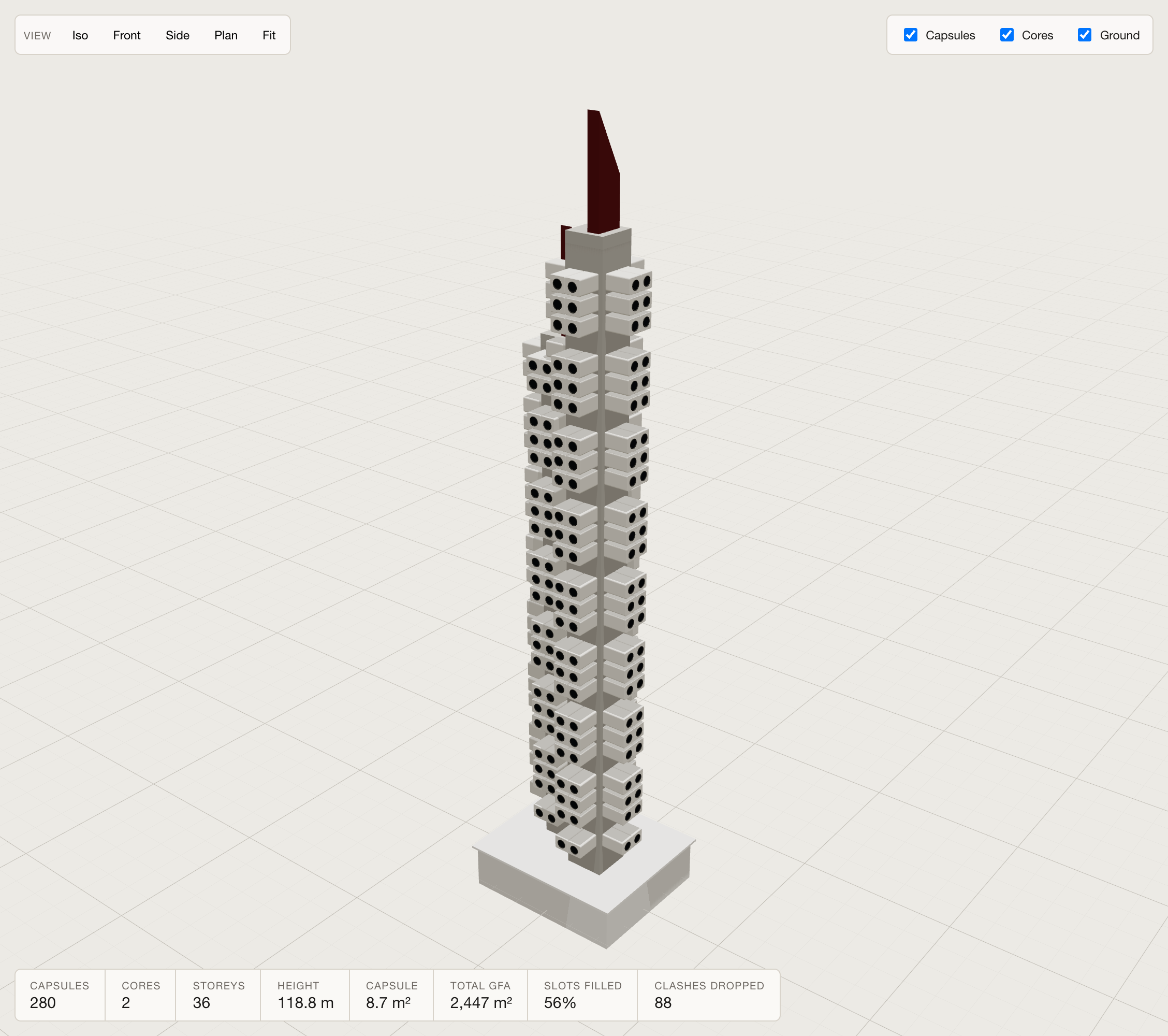 The capsule tower pushed to 36 storeys and 118.8 m