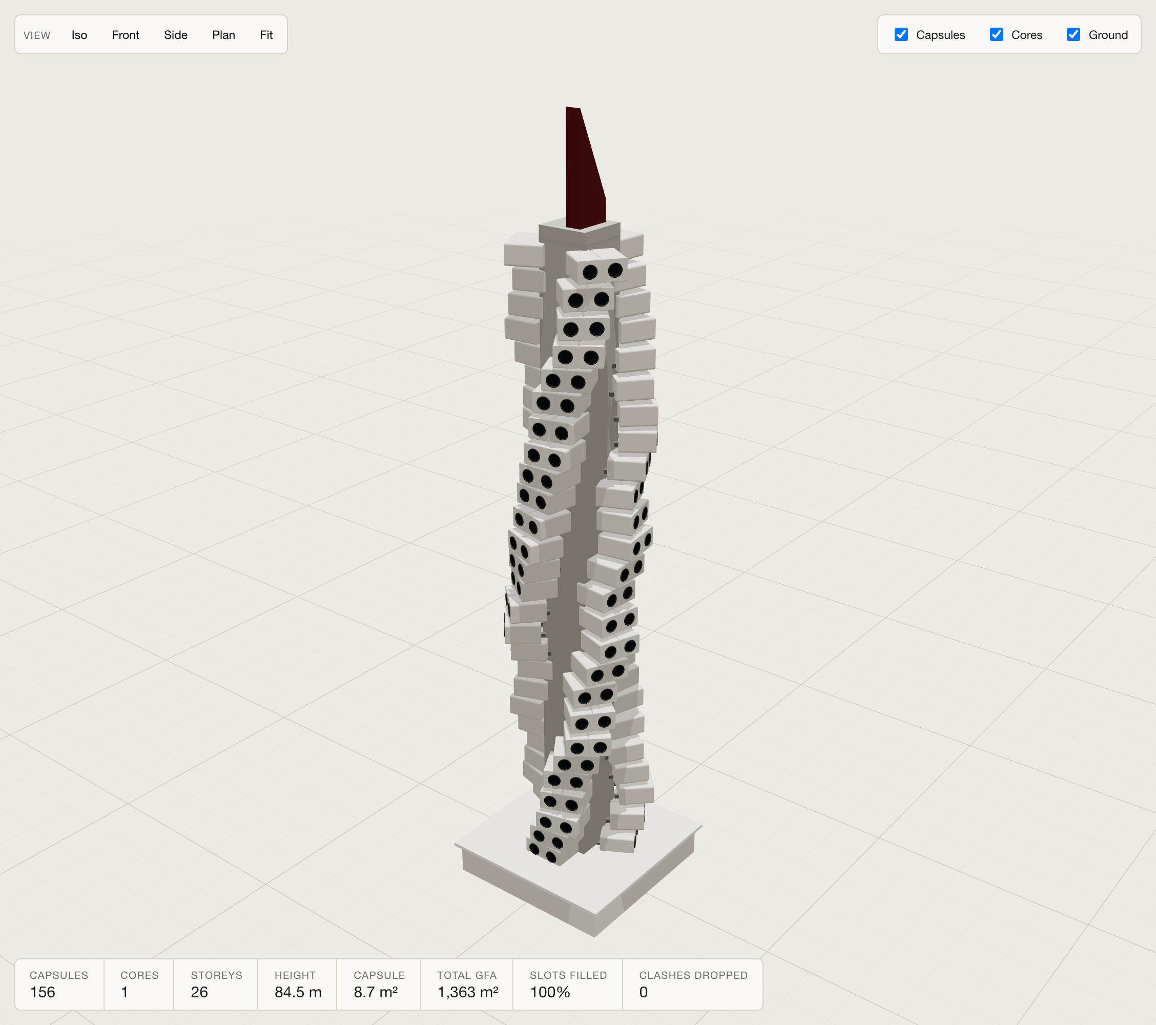 A single core with capsules winding up it in a spiral, 156 capsules over 26 storeys