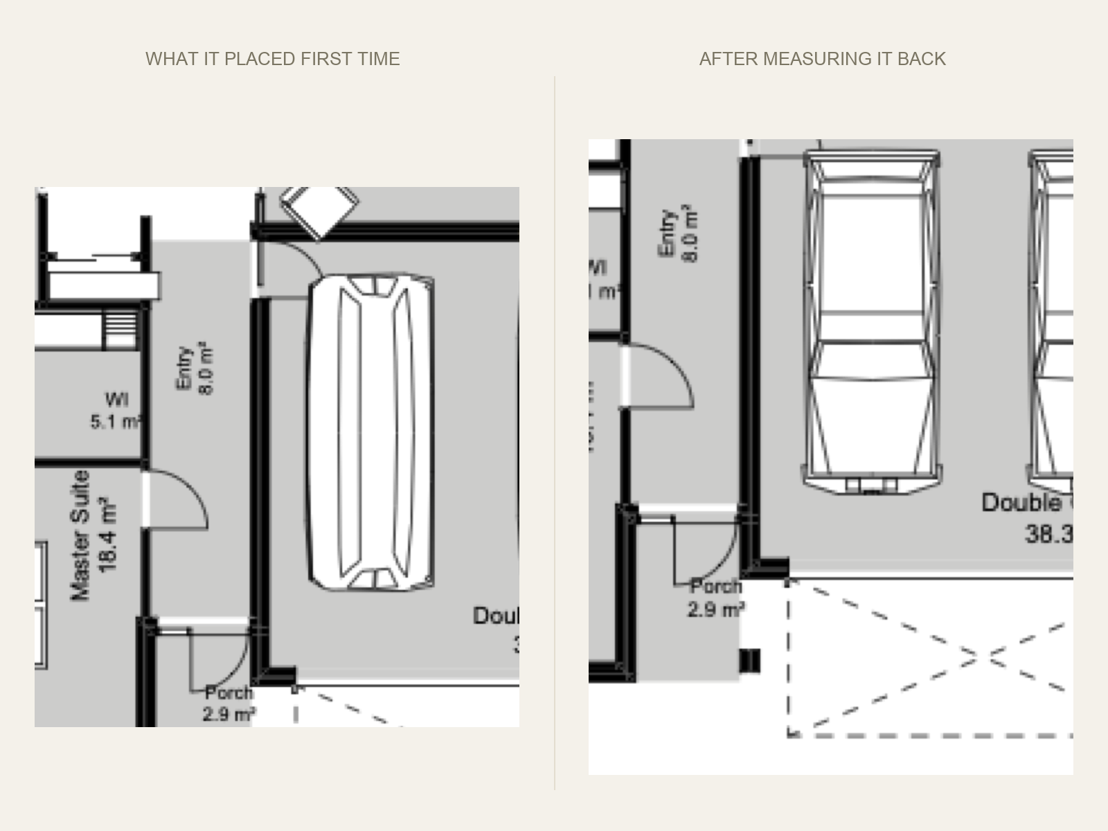 Cars in the garage before and after correction