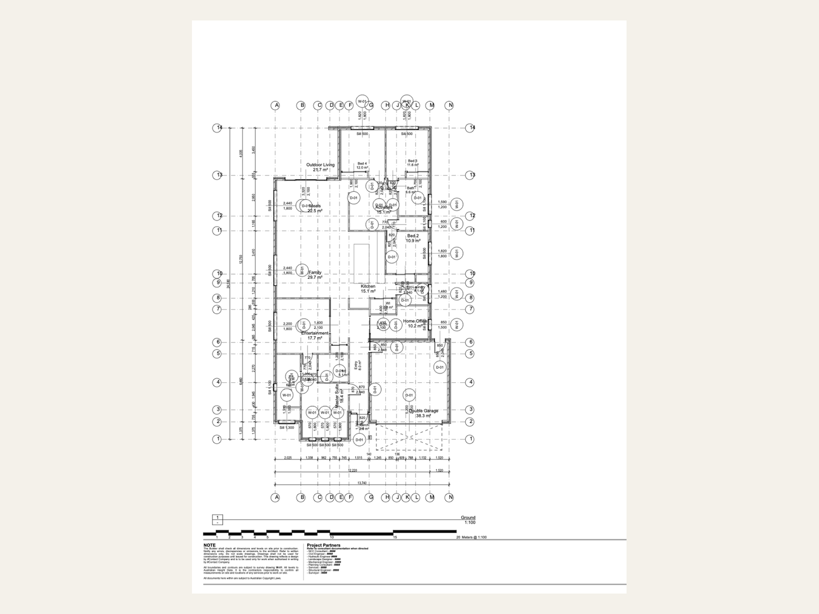 Fully dimensioned and gridded floor plan