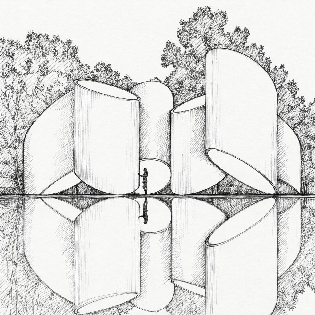 Hand-drawn ink concept sketch of the cylindrical cluster pavilion reflected in still water