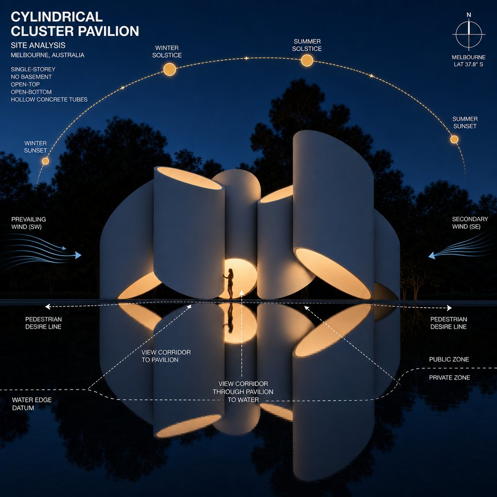 Site analysis overlay on the night render with sun path, wind arrows and zoning annotations