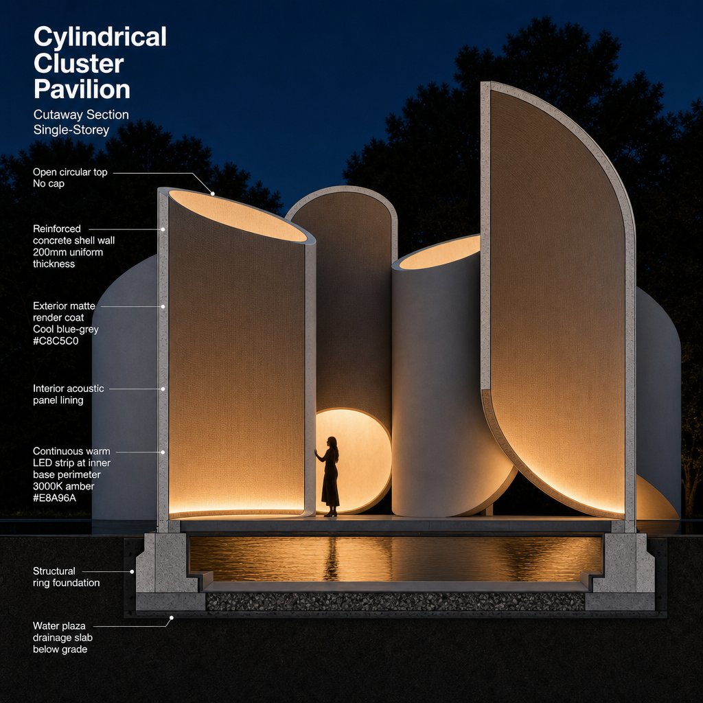 Cutaway construction section through a single shell showing wall build-up and foundations
