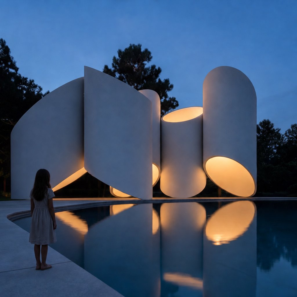 Wide dusk view of the full pavilion across the reflecting pool with a child for scale