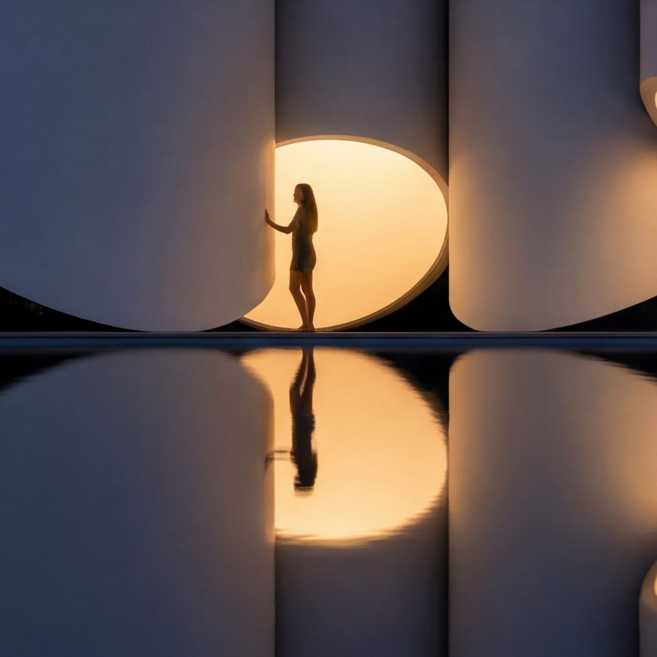 Backlit vignette of a figure in the gap between two shells, doubled in still water