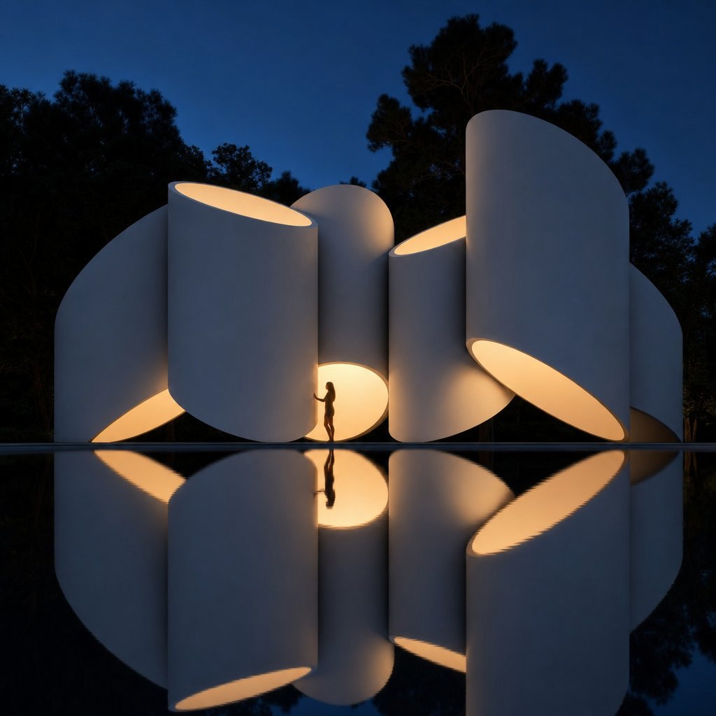 Dead-symmetrical front elevation of the cluster at blue hour with a perfect pool mirror