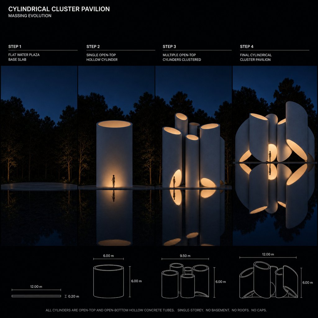 Four-step massing evolution strip from water plaza to the final pavilion on black