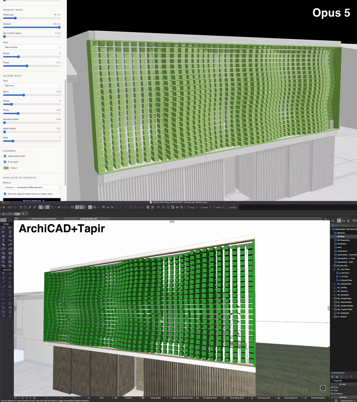 The tool above and ArchiCAD below, both showing the same green screen design