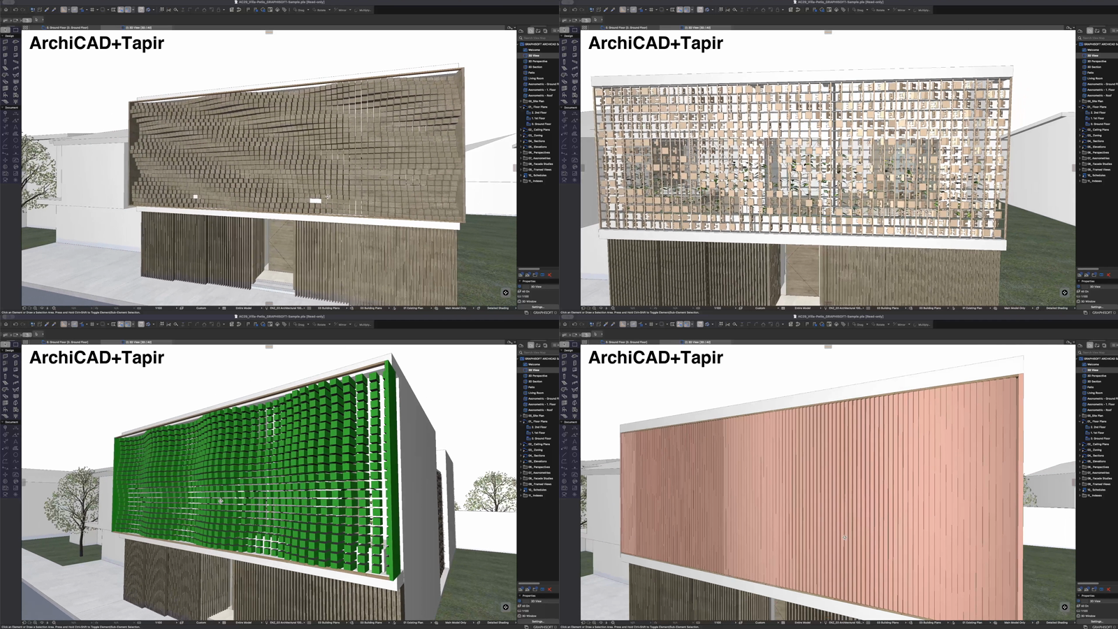 Four different facade designs shown built inside ArchiCAD