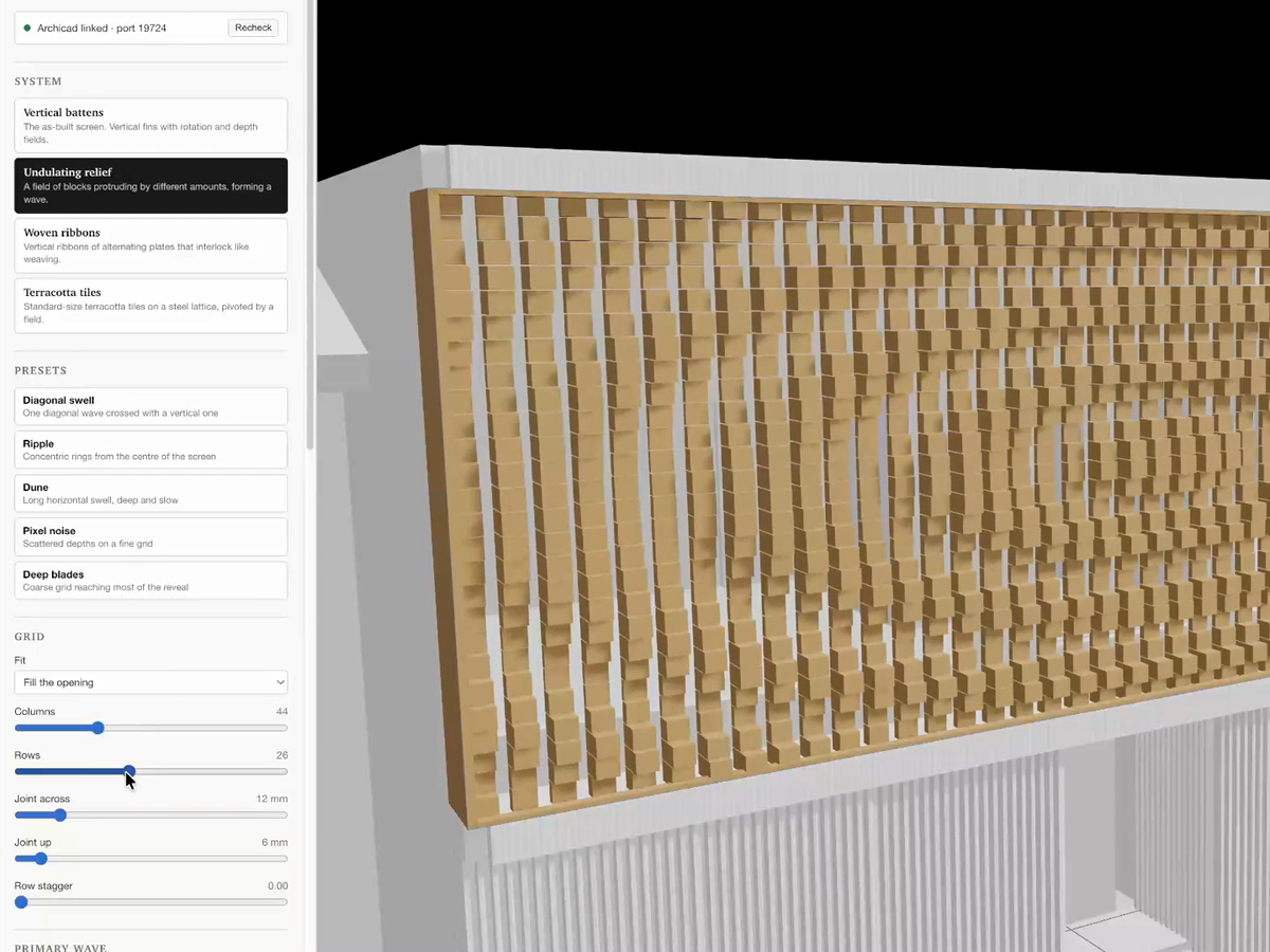 The tool's sidebar showing sliders for count, spacing, section size and wave fields