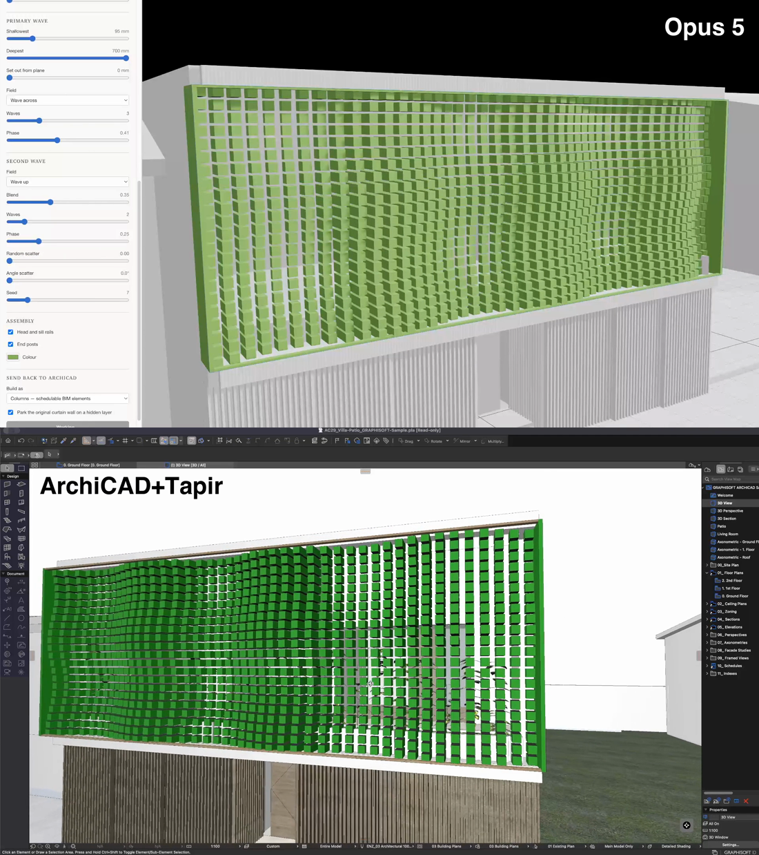 The tool and ArchiCAD both showing the same design highlighted green