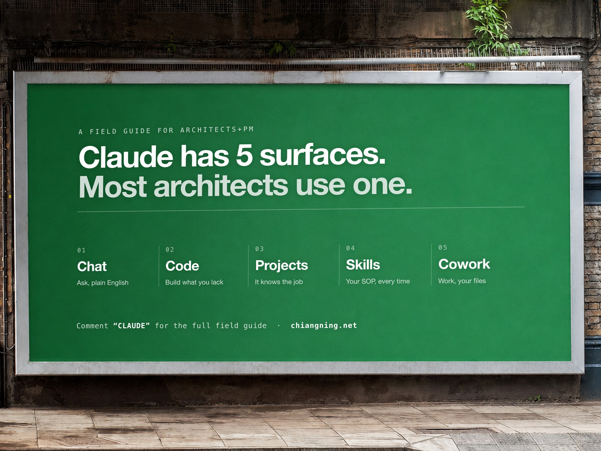 A street billboard reading: Claude has 5 surfaces. Most architects use one.