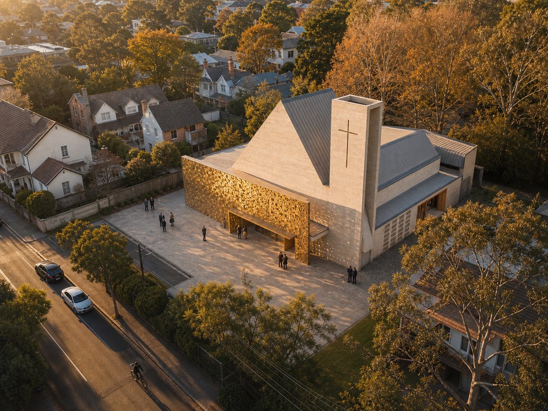 The finished church from the air at golden hour
