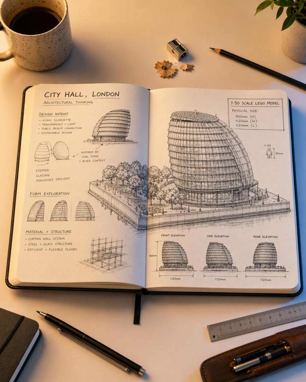 Photorealistic open sketchbook with hand-drawn studies