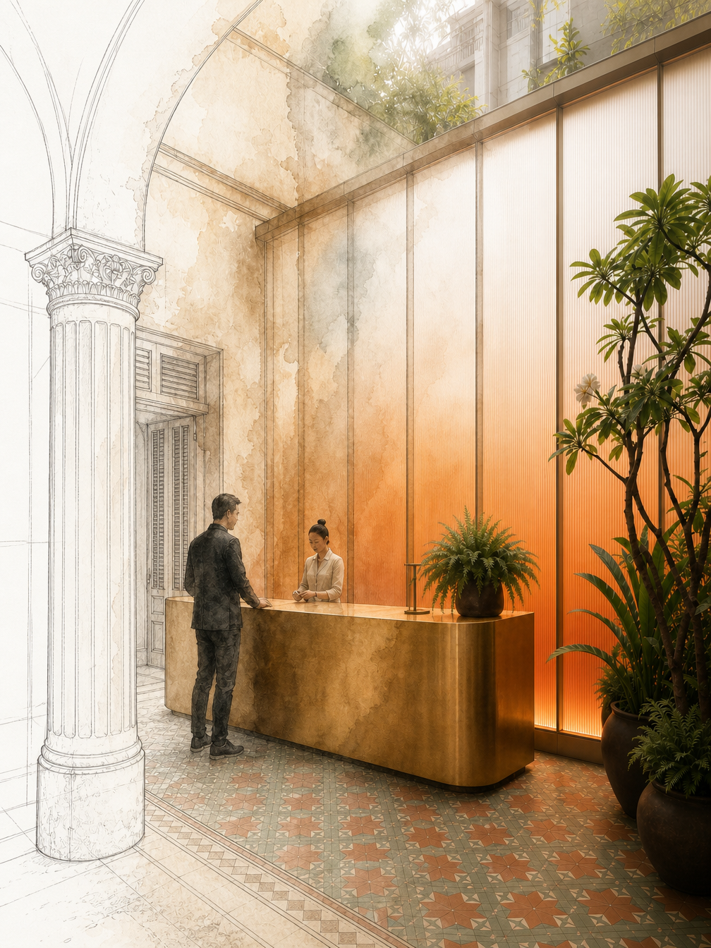 Courtyard reception, sketch to photoreal triptych