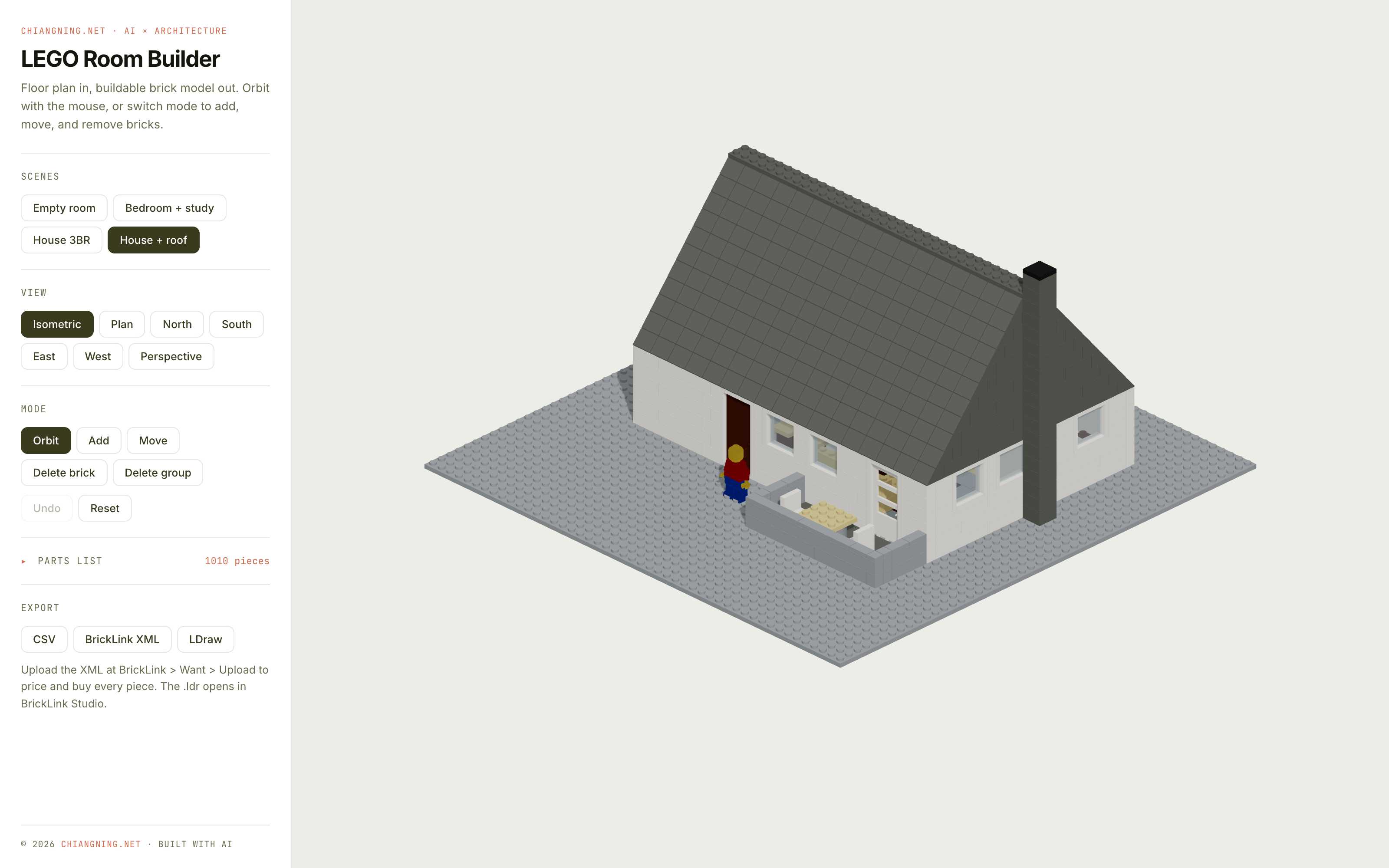 LEGO Room Builder app showing a roofed three-bedroom brick house in isometric view, with a piece count of 1010