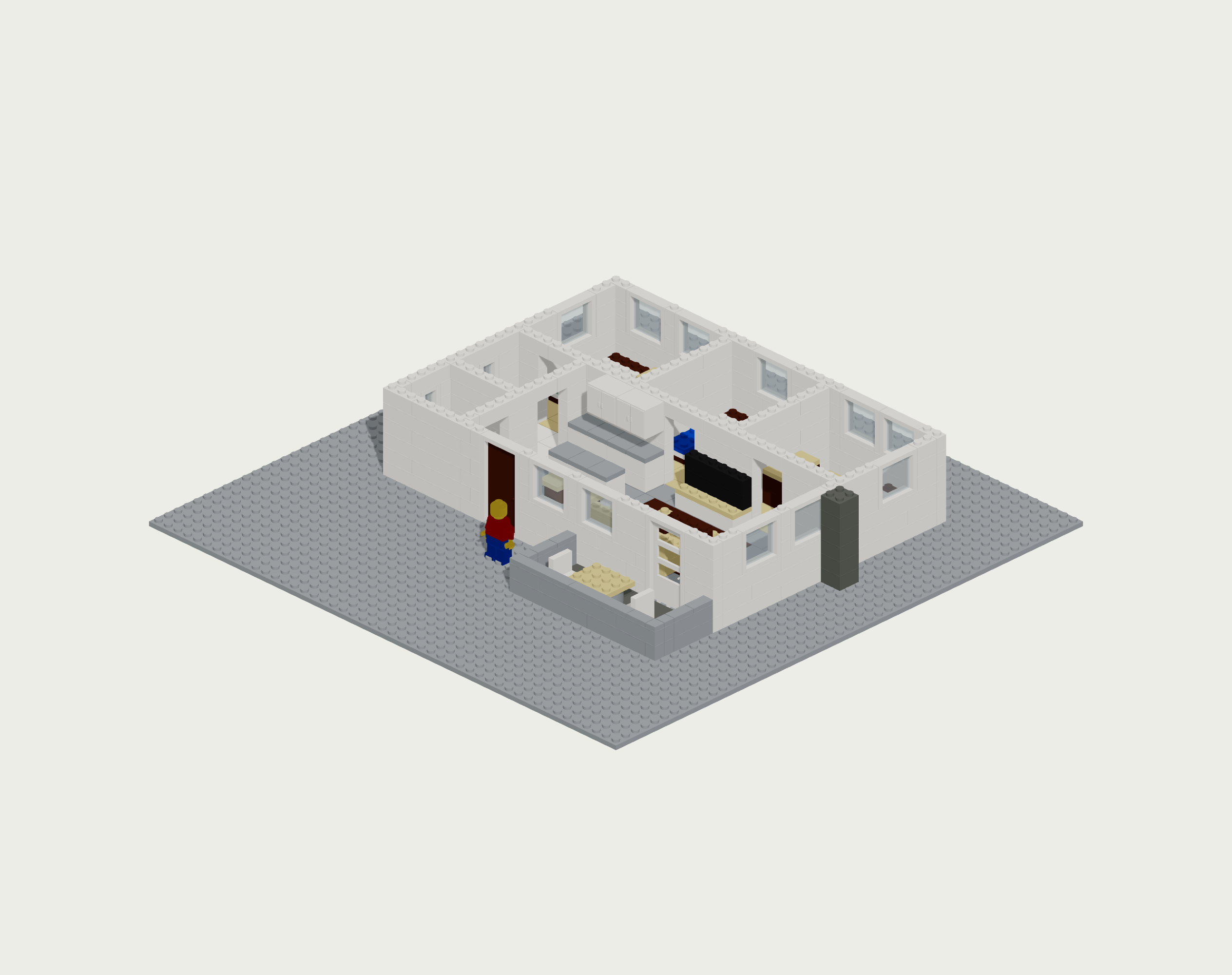 The roofless house in isometric view, showing interior walls, furniture and a minifigure at the front door