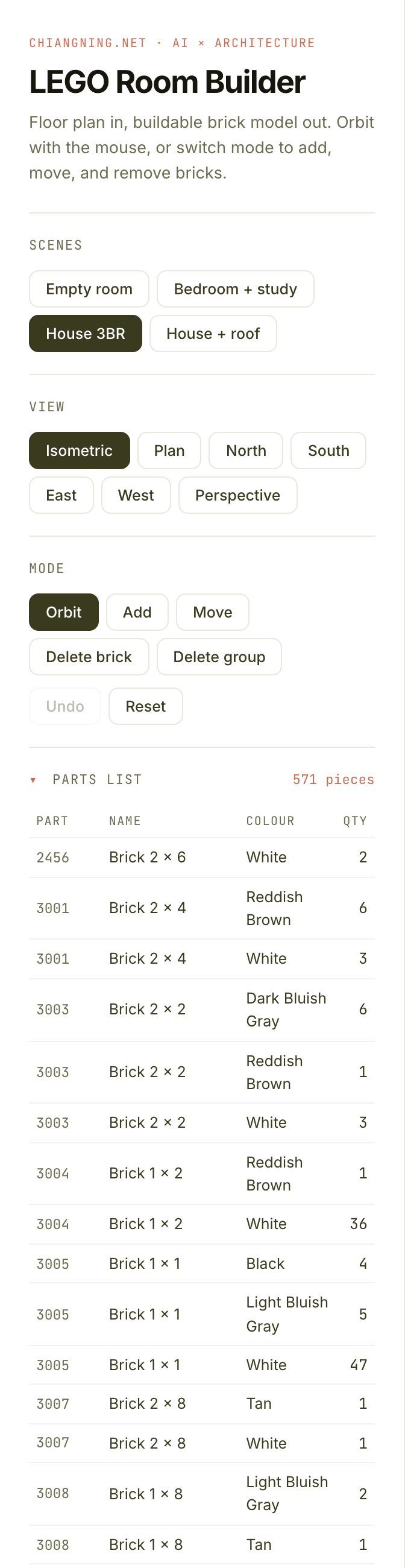 The app's parts list panel: a table of part number, name, colour and quantity