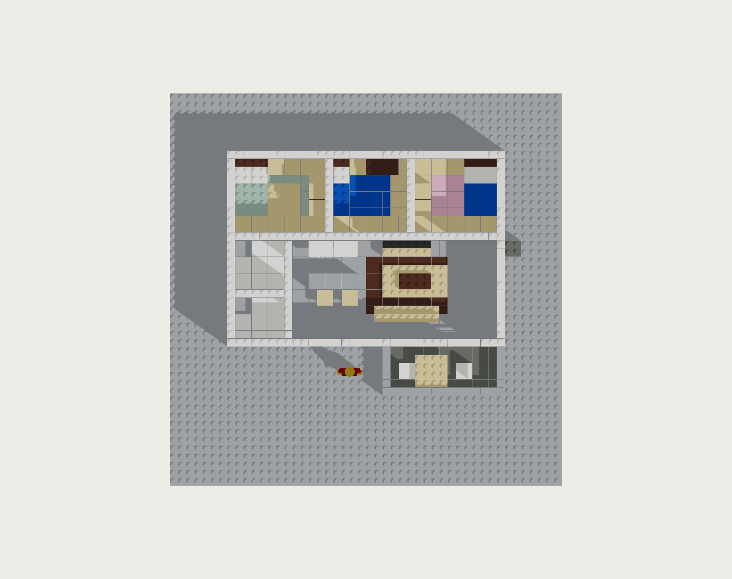 Top-down plan view of the LEGO house showing three bedrooms with coloured carpets, two bathrooms, kitchen and living room