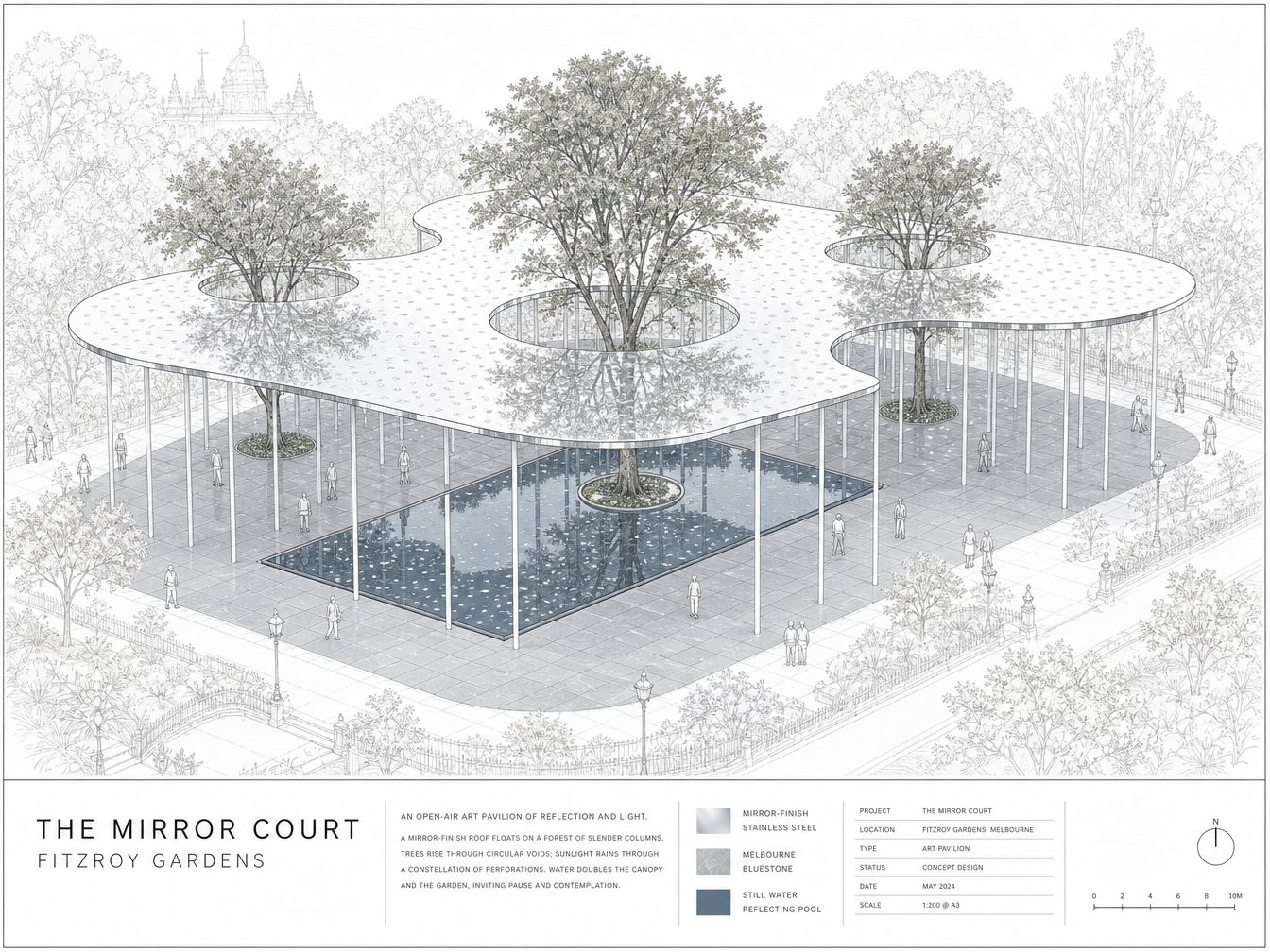 The Mirror Court pavilion, an axonometric presentation board