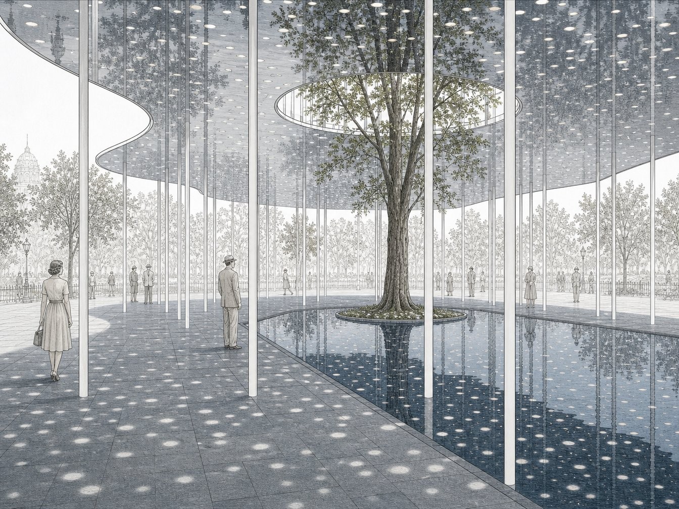 Interior court with light scattered across bluestone and an elm climbing through the roof