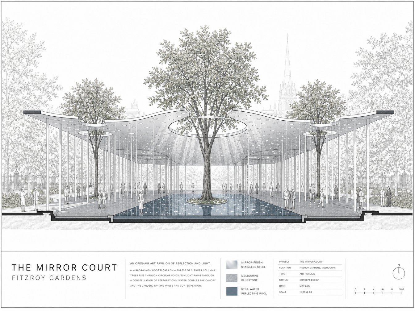 Cross-section through the pavilion showing the elms rising through the roof plane