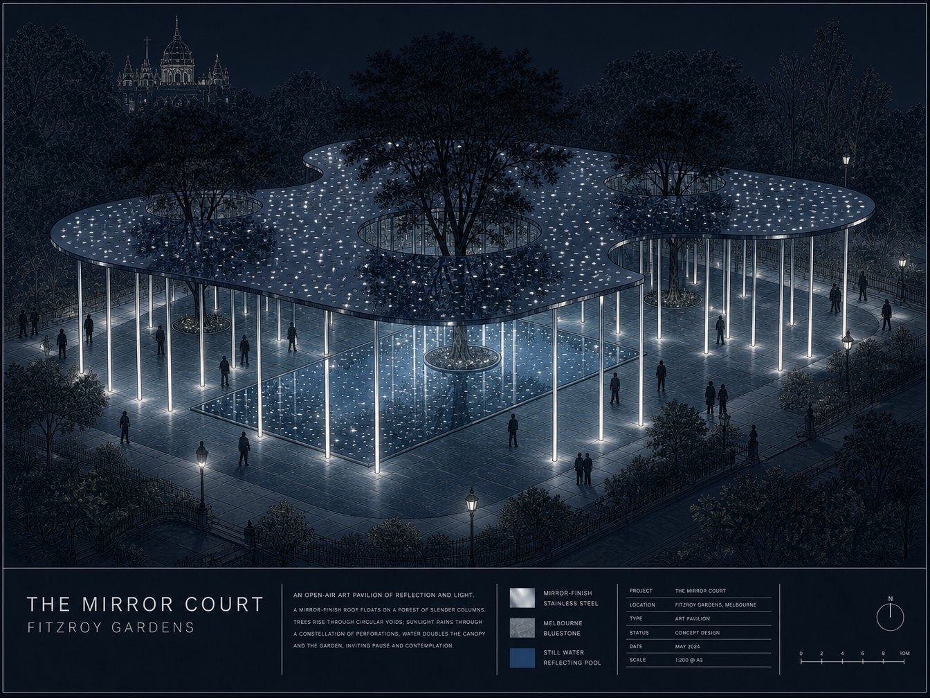 Aerial view of the glowing perforated roof reading as a lantern in the gardens at night