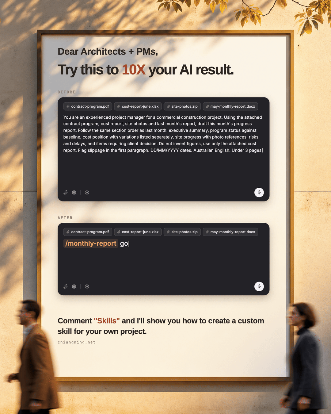 A poster mockup showing the before and after: a 200-word prompt versus a two-word skill command, /monthly-report go