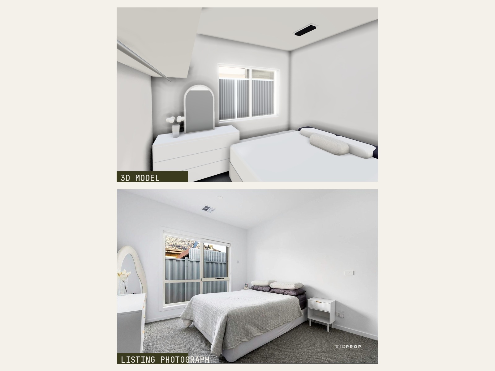 3D render of a bedroom above the matching listing photograph