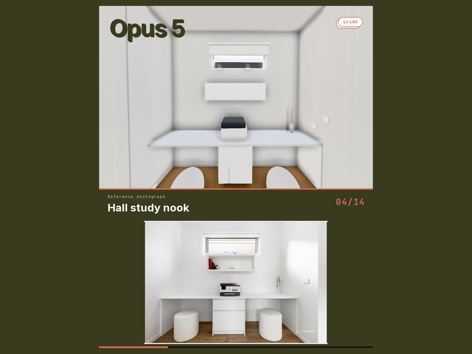A frame of the finished walkthrough film, 3D render above the reference photograph