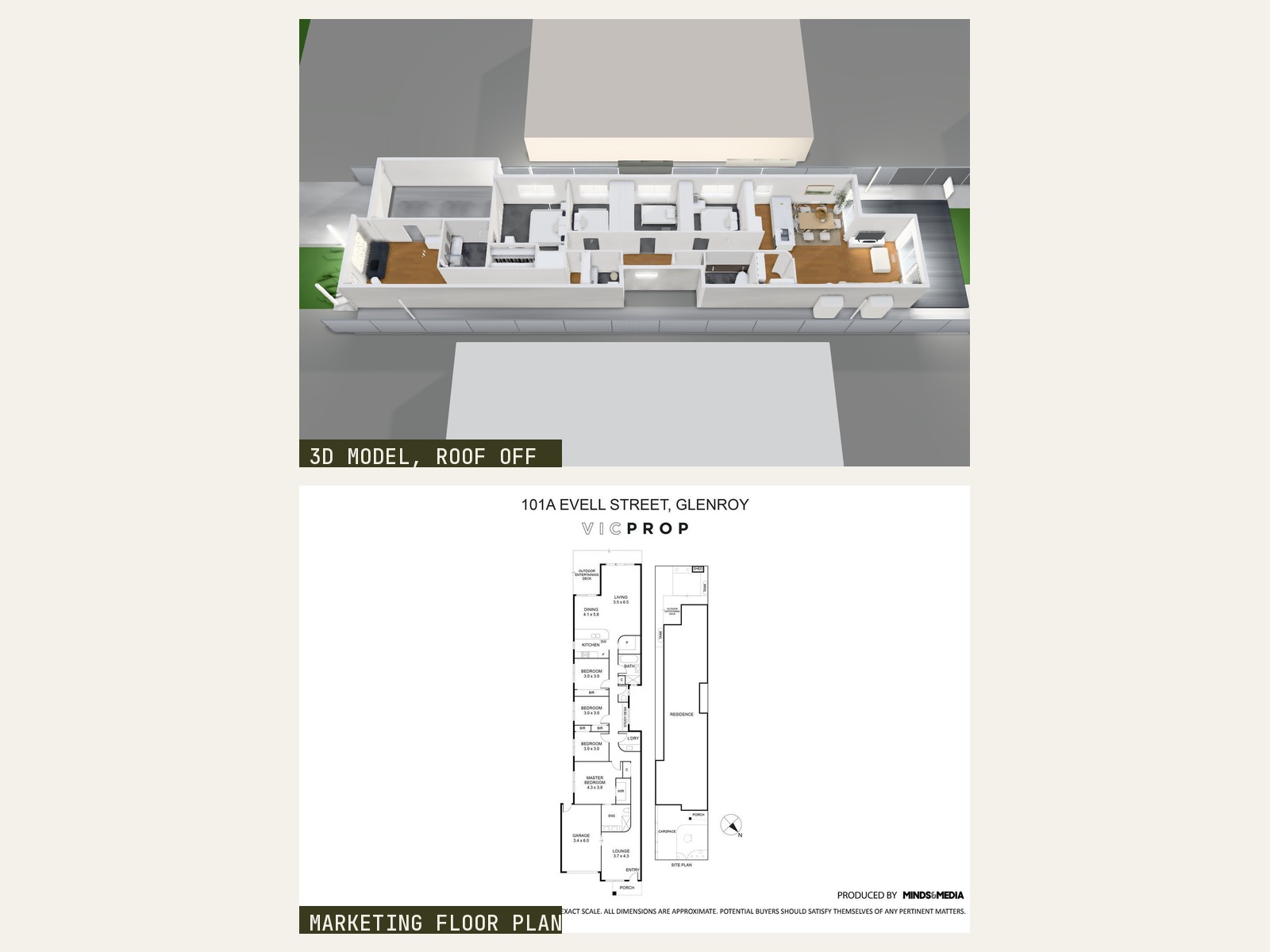 Roof-off plan view of the 3D model above the marketing floor plan it was measured from