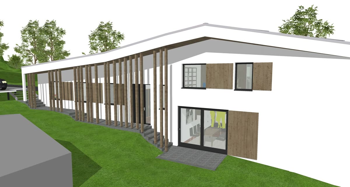 ArchiCAD viewport flythrough frame: the house in flat white render with oak fins on a grassed slope