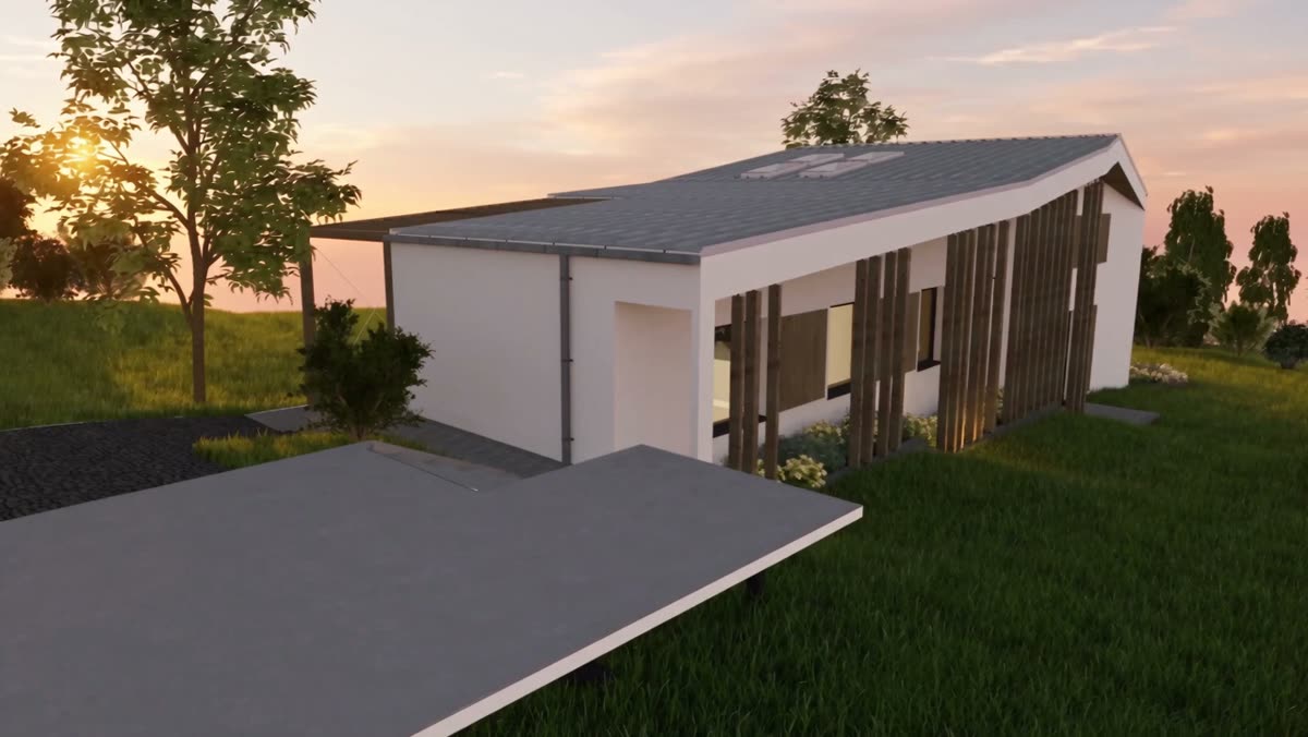 Opening frame of the failed attempt: a white house with timber fins at sunset, competent but glossy