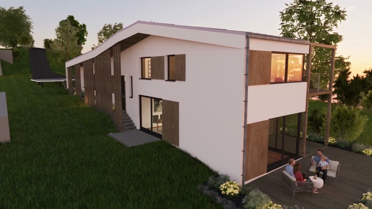 Eight seconds in: the house has become a two storey box with a balcony, and generic white neighbouring blocks have appeared behind it